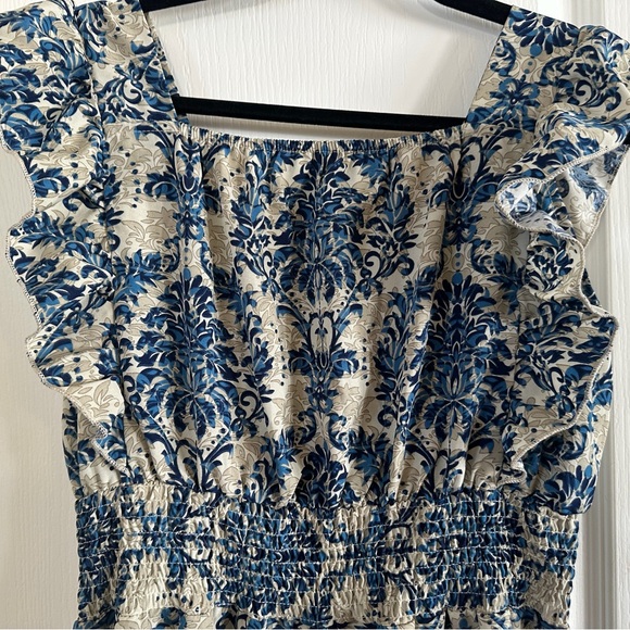 SHEIN Blue and Cream Floral Midi Dress w/Ruffle Cap Sleeve Cinch Waist.  Size XL - Picture 5 of 6